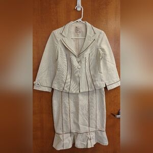 Nanette Lepore Vintage Cream and Black Textured Cotton Lined Suit